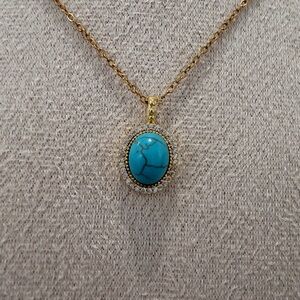 Gold Turquoise Oval CZ Stainless Steel Pendant Necklace